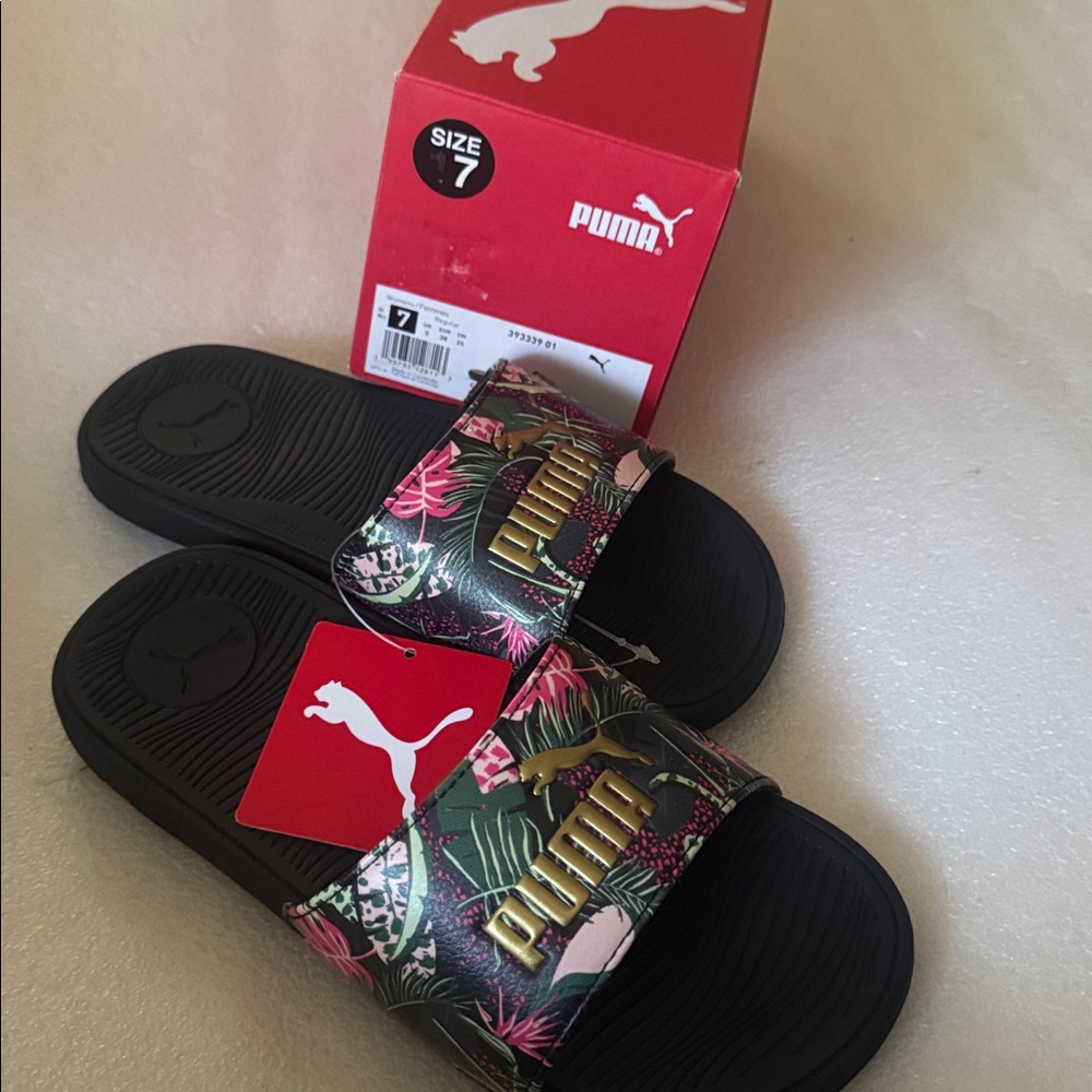Puma Black and Gold Tropical Slide Sandals.size-7 - Picture 2 of 9